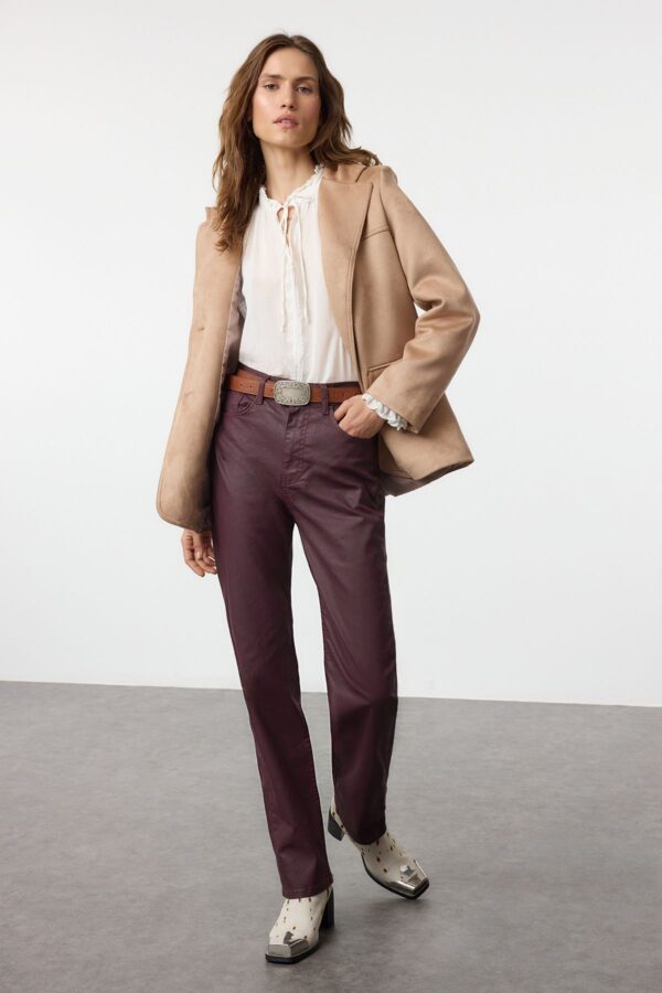 Trendyol Burgundy Coated High Waist Straight Jeans