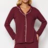 Trendyol Burgundy Cotton Piping Detailed Shirt-Pants Knitted Pajamas Set