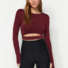 Trendyol Burgundy Crop Window/Cut Out and Thumb Hole Detail Knitted Sports Top/Blouse