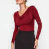 Trendyol Burgundy Degajee Collar Knitted Bodysuit
