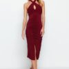 Trendyol Burgundy Drape Detailed Barter Neck Fitted Midi Knitted Flexible Pencil Dress