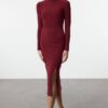 Trendyol Burgundy Drape Detailed Slit High Collar Fitted Flexible Midi Knitted Dress