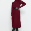 Trendyol Burgundy Faux Leather Belted Stand Collar Knitwear Dress