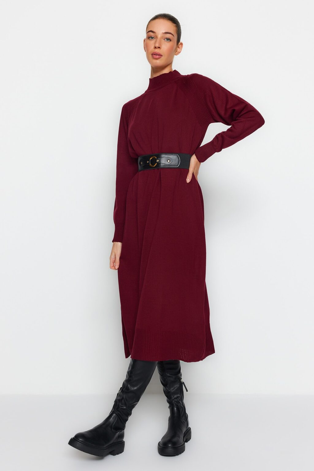 Trendyol Burgundy Faux Leather Belted Stand Collar Knitwear Dress