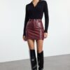 Trendyol Burgundy Faux Leather Cargo Pocket High Waist Fitted Mini Knitted Skirt