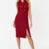 Trendyol Burgundy Fitted Button Detailed Slit Midi Pencil Skirt Woven Dress
