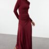 Trendyol Burgundy Fitted/Fits the Body Stand Collar Long Sleeve Flexible Maxi Knit Dress