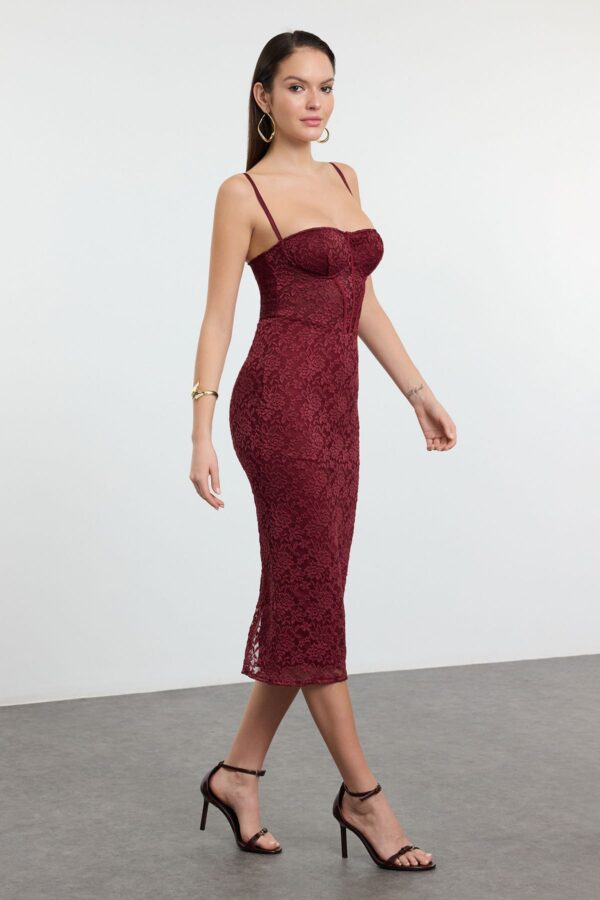Trendyol Burgundy Lining Lace Knitted Midi Dress