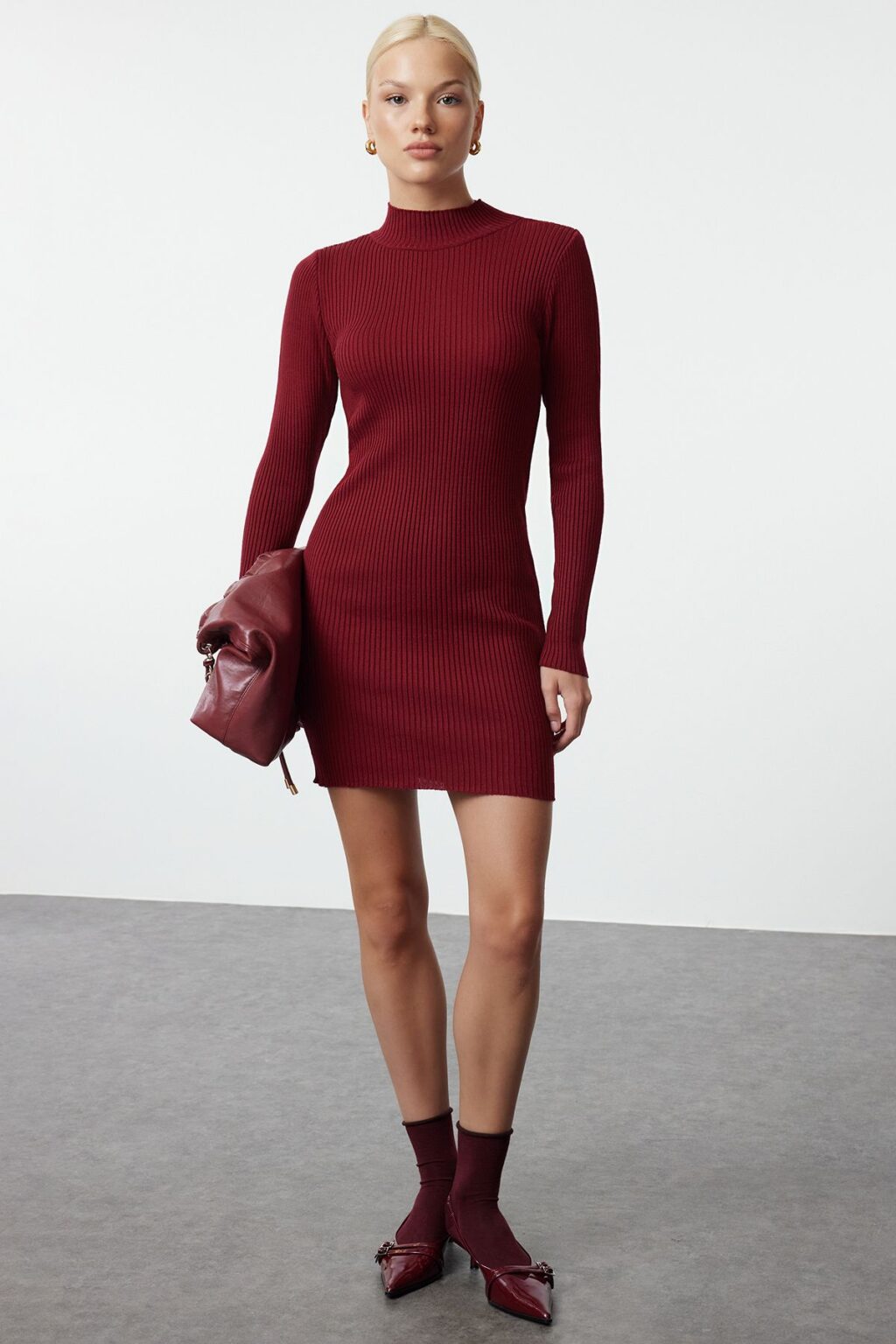 Trendyol Burgundy Mini Knitted Bodycon Dress