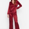 Trendyol Burgundy New Year Themed Embroidered Satin Woven Pajama Set