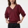 Trendyol Burgundy Oversize/Wide Fit Thick V-neck Knitted Sweatshirt