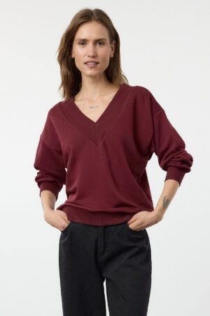 Trendyol Burgundy Oversize/Wide Fit Thick V-neck Knitted Sweatshirt