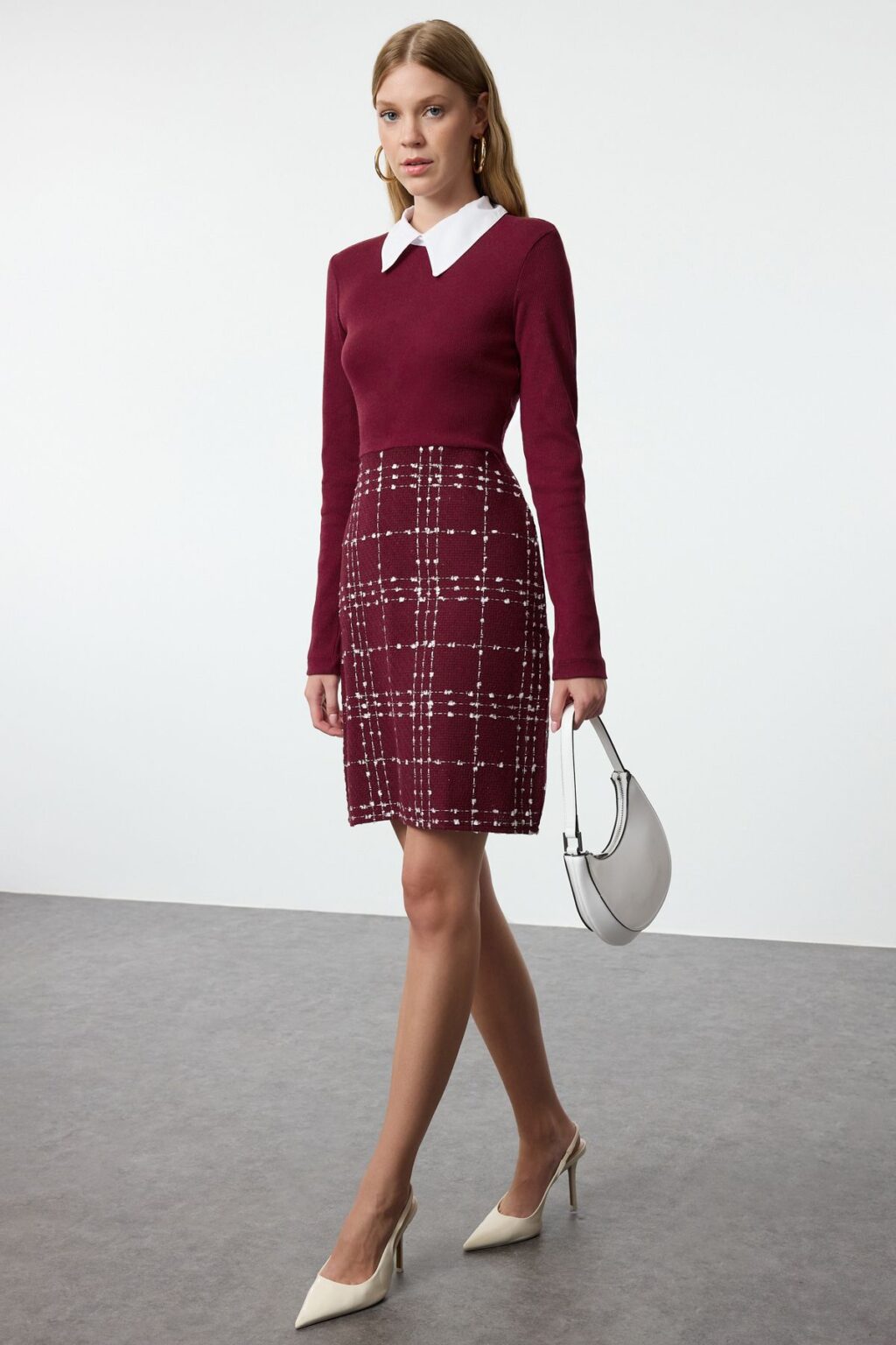 Trendyol Burgundy Plaid / Checkered Woven Dress