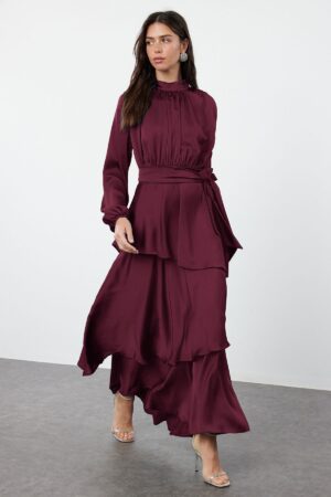 Trendyol Burgundy Skirted Layered Satin Woven Evening Dress