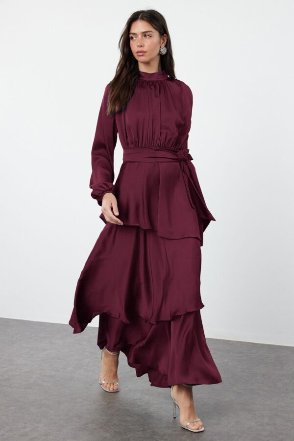 Trendyol Burgundy Skirted Layered Satin Woven Evening Dress