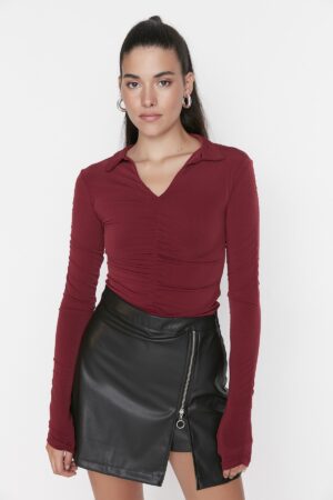 Trendyol Burgundy Slim Collected Polo Neck rugalmas kötött blúz