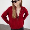 Trendyol Burgundy Soft Textured Zippered Knitwear Cardigan