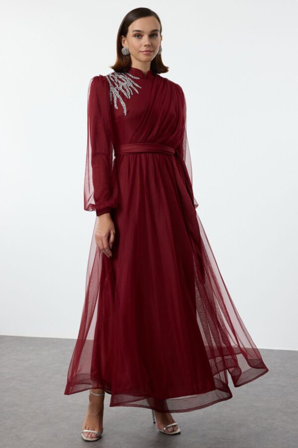 Trendyol Burgundy Stone Accessory Tulle Evening Dress