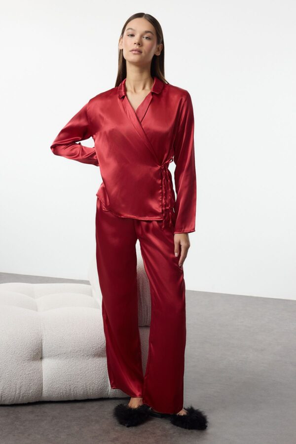Trendyol Burgundy Tie Detailed Satin Woven Pajama Set