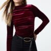 Trendyol Burgundy Velvet Draped High Collar Fitted Regular Length Knitted Blouse