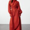 Trendyol Burgundy Waist Draped Balloon Sleeve Self Patterned Evening Dress