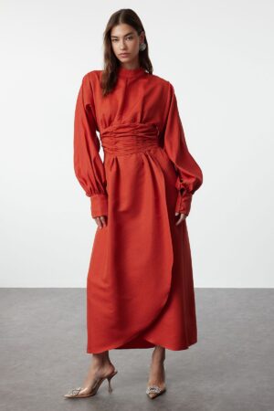 Trendyol Burgundy Waist Draped Balloon Sleeve Self Patterned Evening Dress