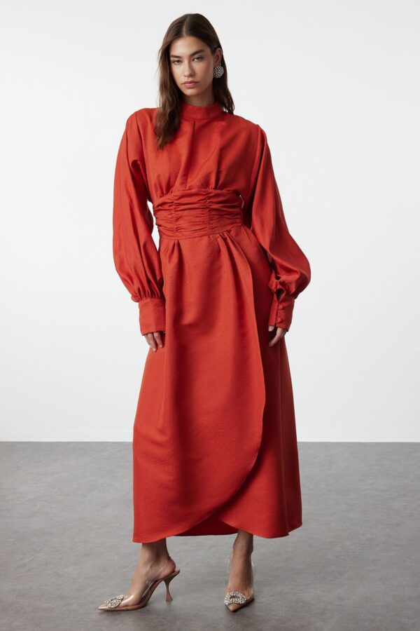 Trendyol Burgundy Waist Draped Balloon Sleeve Self Patterned Evening Dress