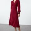 Trendyol Burgundy Waist Opening Corsage Detailed Midi Woven Dress