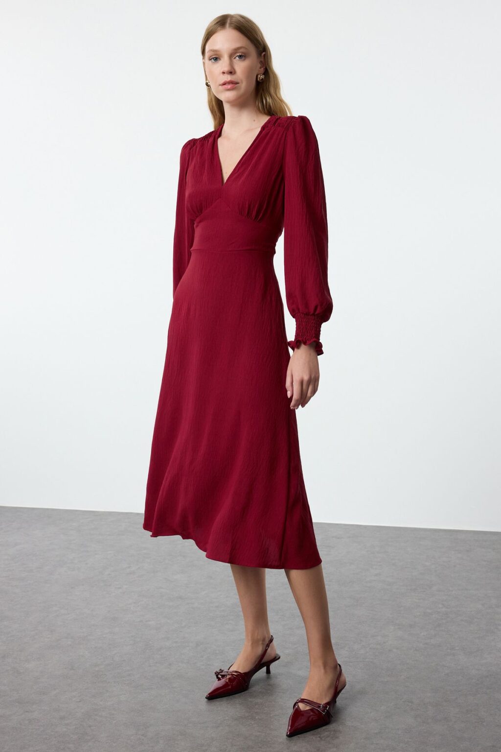 Trendyol Burgundy Waist Opening Corsage Detailed Midi Woven Dress