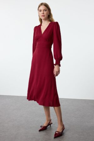 Trendyol Burgundy Waist Opening Corsage Detailed Midi Woven Dress