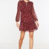 Trendyol Burgundy Woven Lined Chiffon Floral Pattern Foulard Collar Mini Woven Dress
