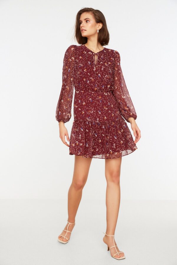 Trendyol Burgundy Woven Lined Chiffon Floral Pattern Foulard Collar Mini Woven Dress