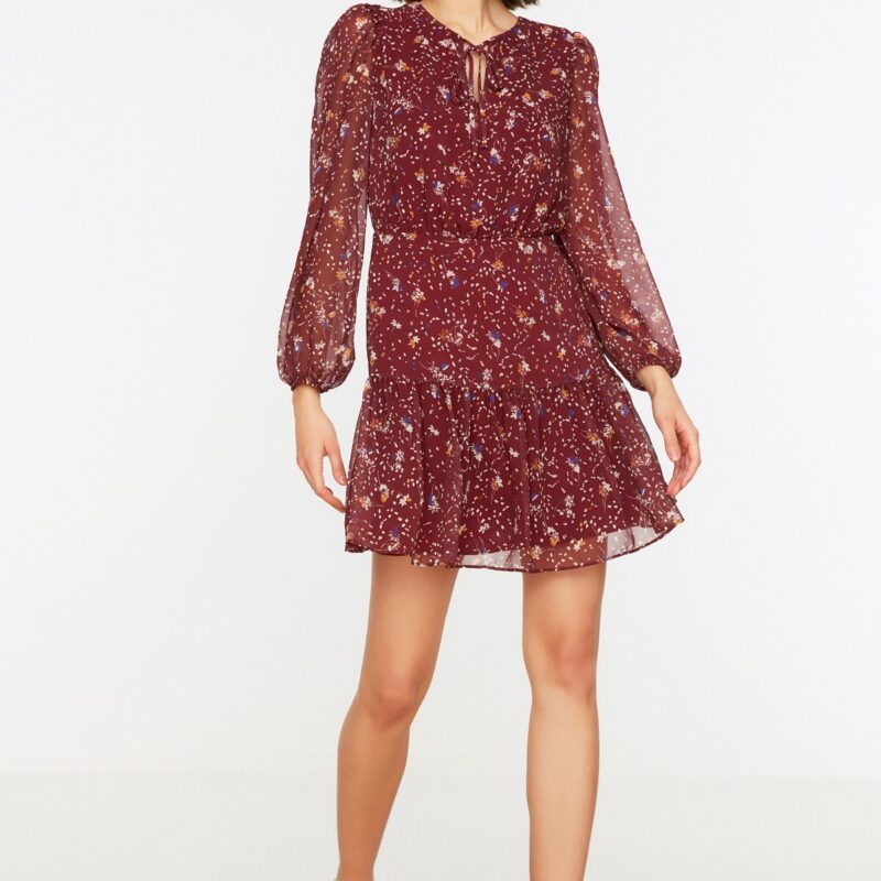 Trendyol Burgundy Woven Lined Chiffon Floral Pattern Foulard Collar Mini Woven Dress