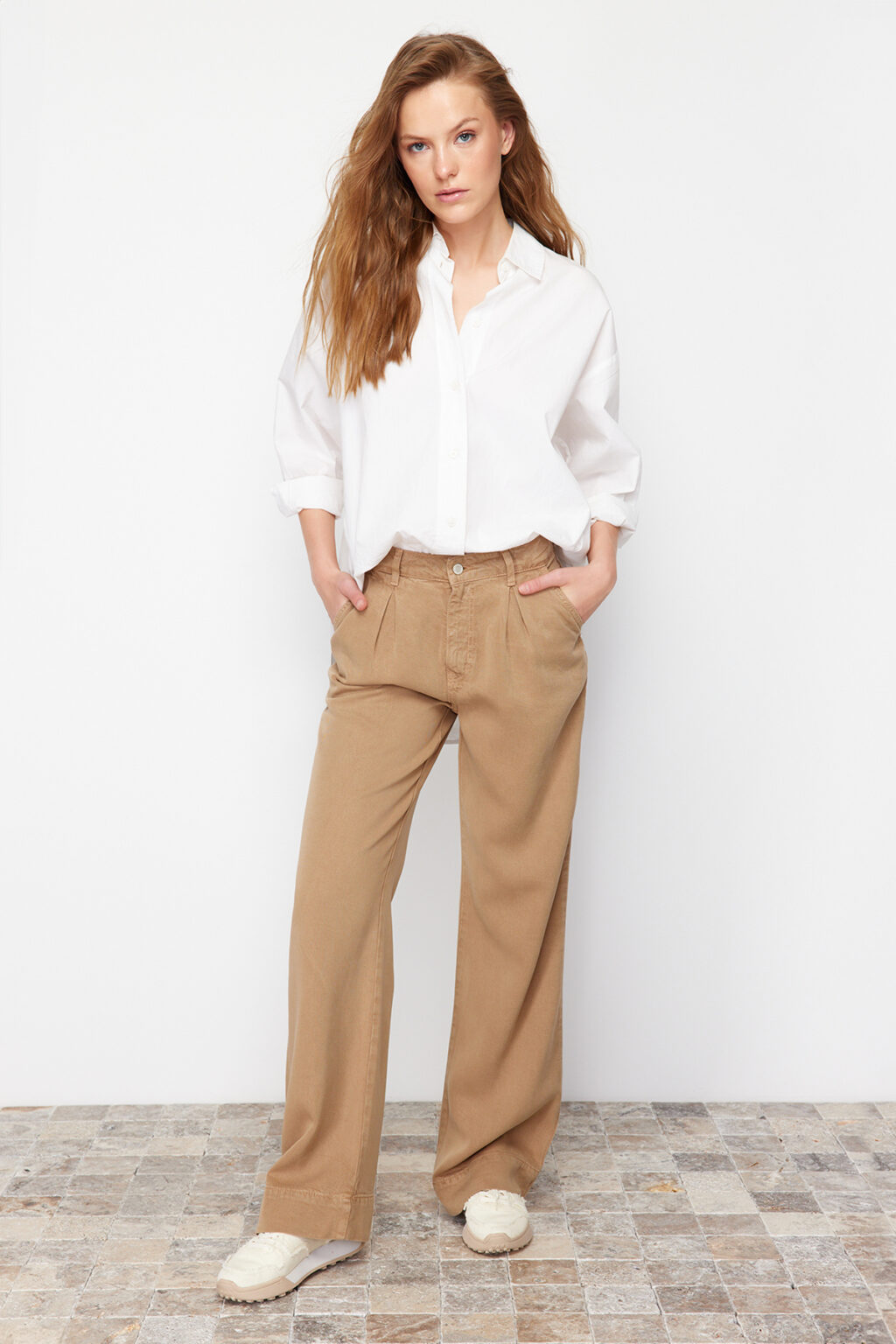 Trendyol Camel 100% Tencel™ Pleated Brown High Waist Wide Leg Jeans