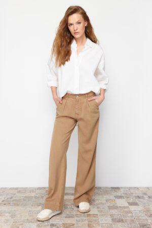Trendyol Camel 100% Tencel™ Pleated Brown High Waist Wide Leg Jeans