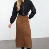 Trendyol Camel Back Slit Detail Suede Fabric Maxi Length Woven Skirt