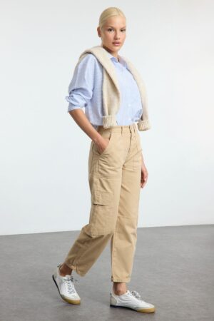 Trendyol Camel Cargo Pocket High Waist Barrel Baggy Jeans