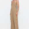 Trendyol Camel Cargo Pocket Strapless Collar Maxi Woven Jumpsuit