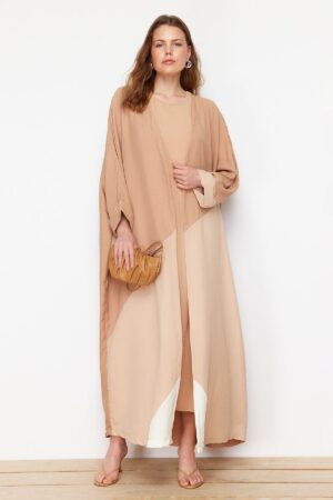 Trendyol Camel Color Blocked Long Woven Cap & Abaya Trendyol Camel Color Blocked Long Woven Cap & Abaya