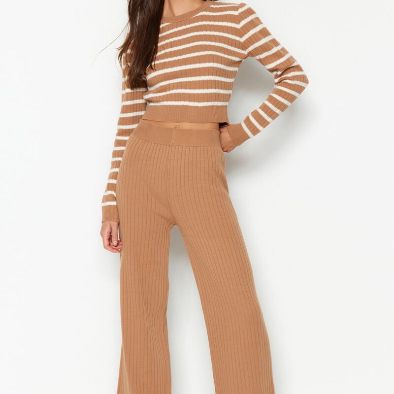 Trendyol Camel Crop Knitwear Two Piece Set