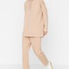 Trendyol Camel Hoodie with Print Detailed Knitted Tracksuit Set