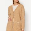 Trendyol Camel Melange zseb részletes Ecru Piping puha kötöttáru Cardigan