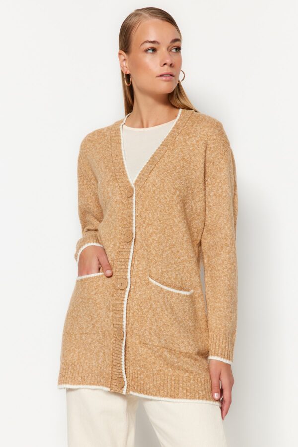 Trendyol Camel Melange zseb részletes Ecru Piping puha kötöttáru Cardigan
