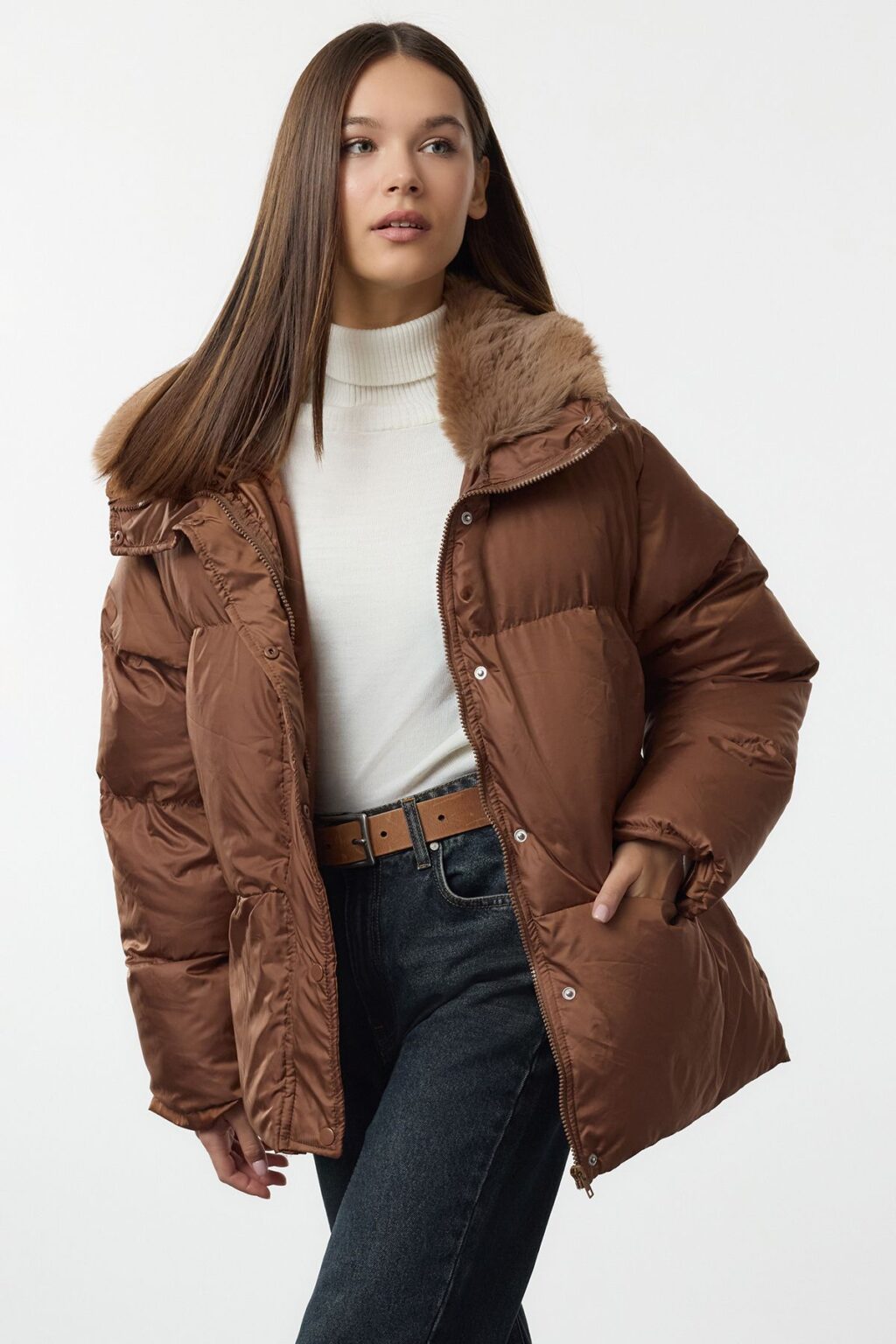 Trendyol Camel Oversize Plush Collar Puffer Jacket
