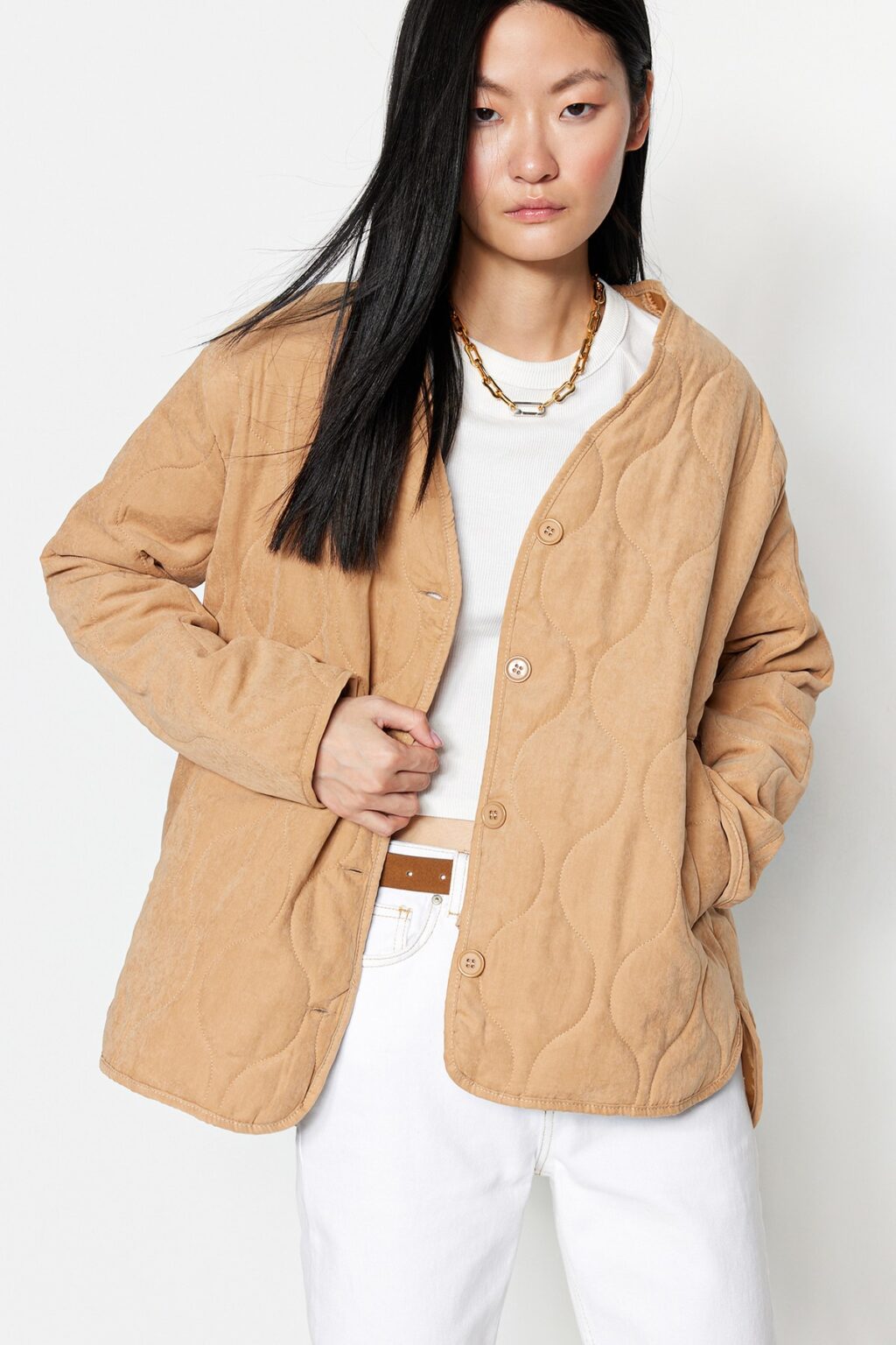 Trendyol Camel Oversize gomb Bezárás steppelt kabát