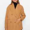 Trendyol Camel Oversize széles szabású kendő gallér bélyegzett kabát