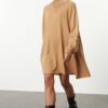 Trendyol Camel Plain Relaxed/Comfortable Fit Crew Neck Sweatshirt Knitted Dress