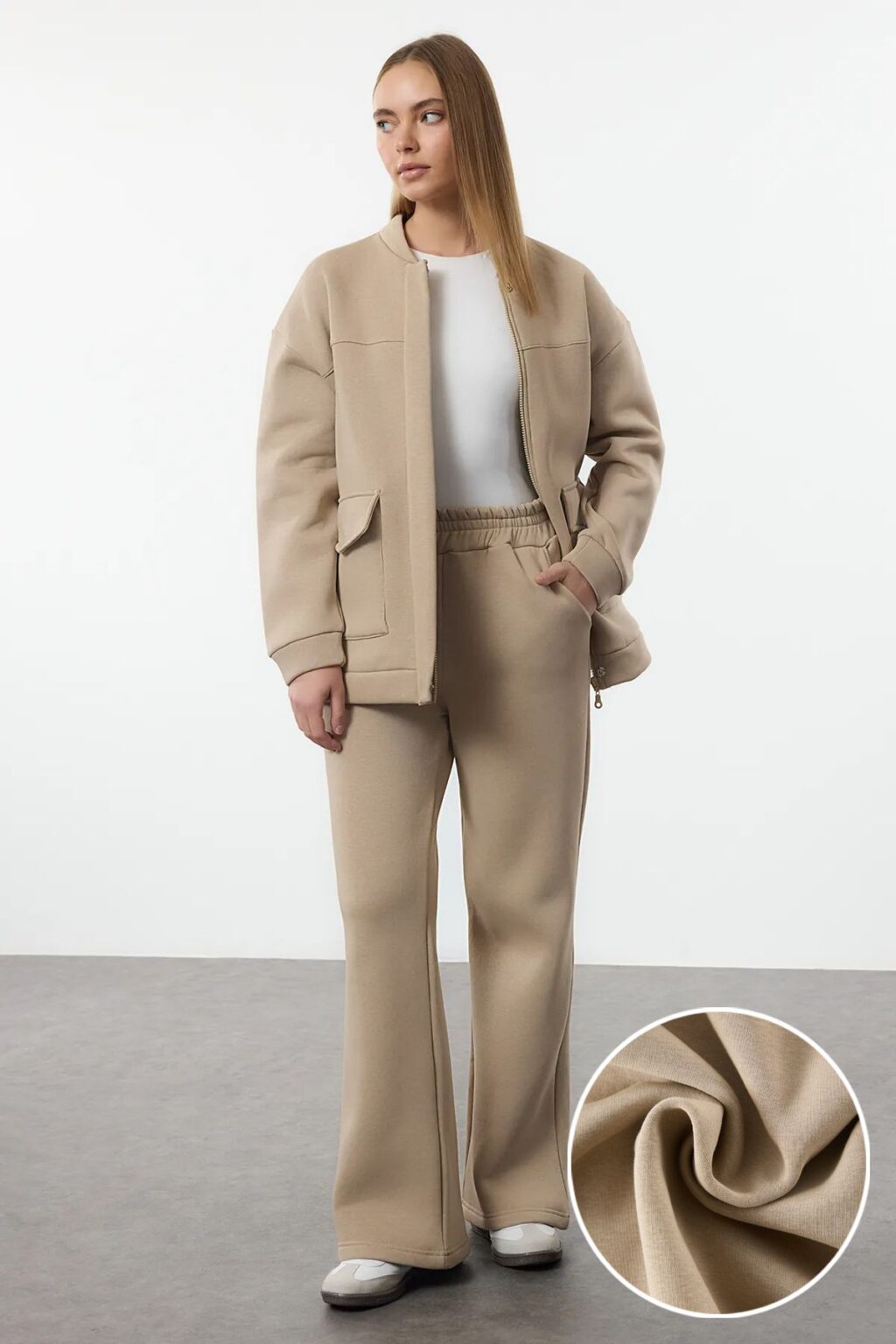 Trendyol Camel Pocket Bomber Jacket Trousers Knitted Bottom-Top Set