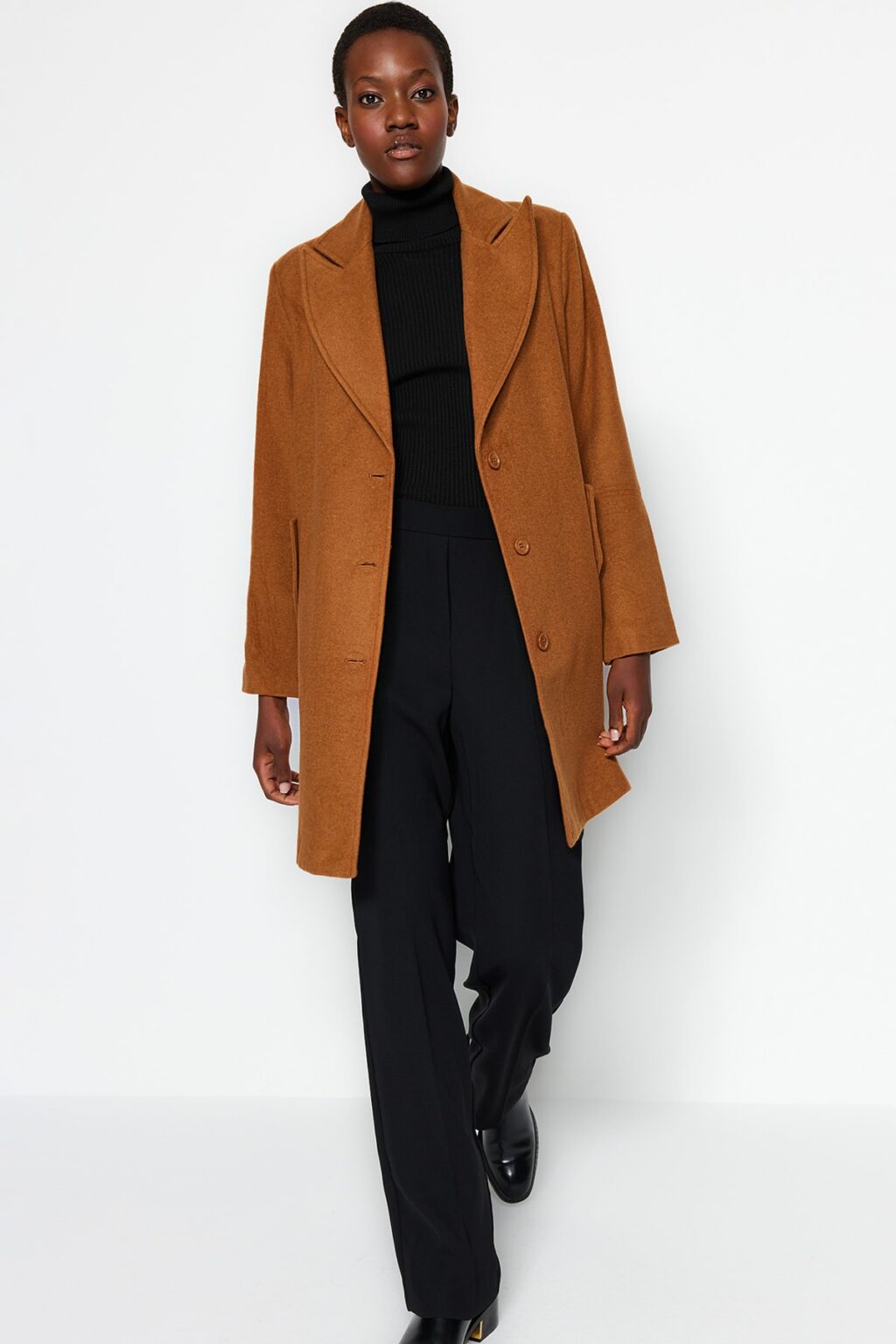 Trendyol Camel Premium Oversize széles szabású bélyegzett kabát