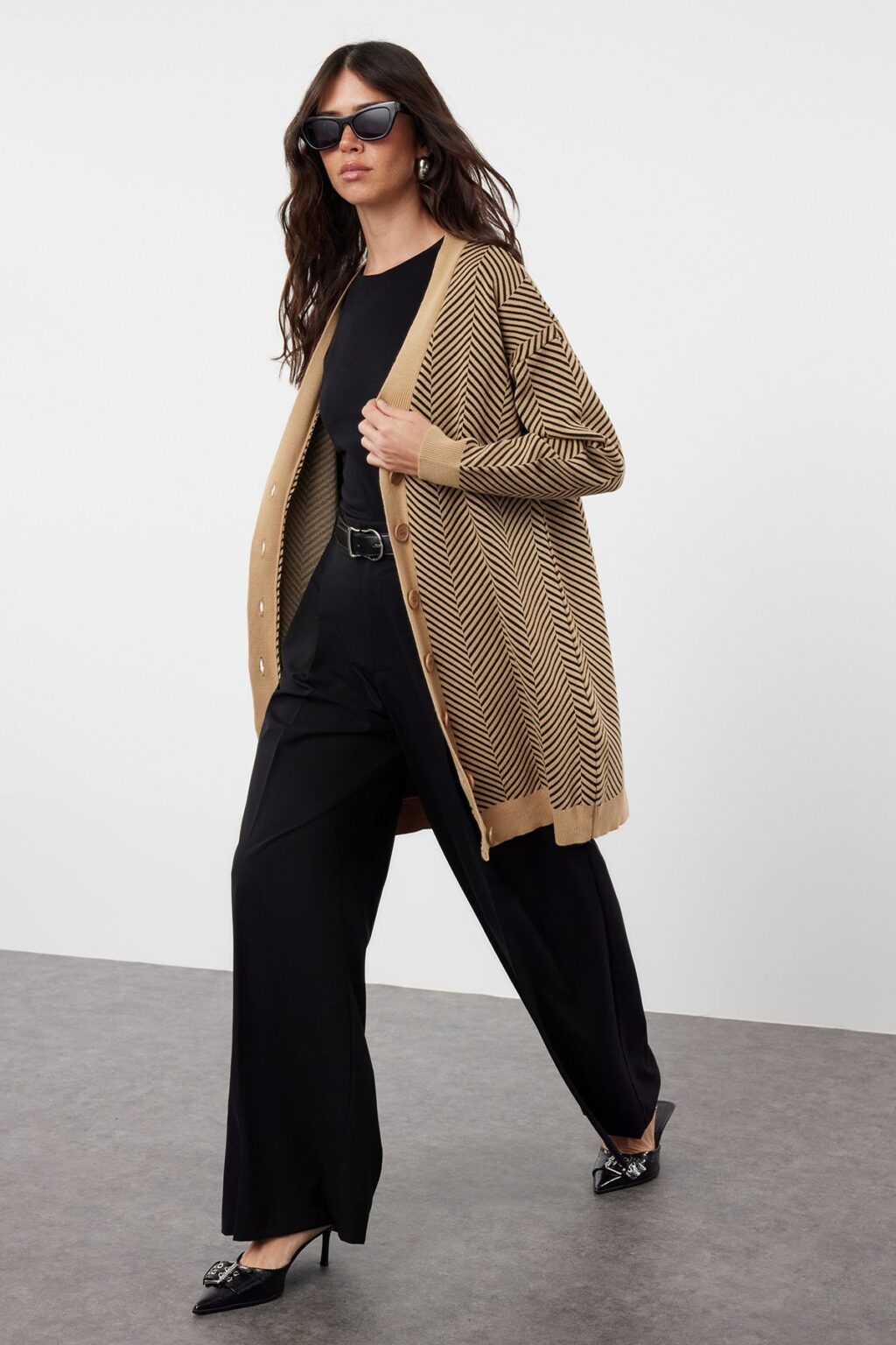 Trendyol Camel Zigzag Striped Knitwear Cardigan